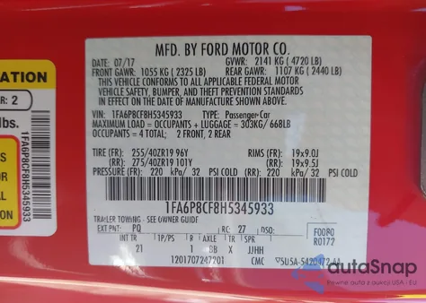 2017 Ford Mustang Gt z USA, uszkodzony, nr VIN 1FA6P8CF8H5345933